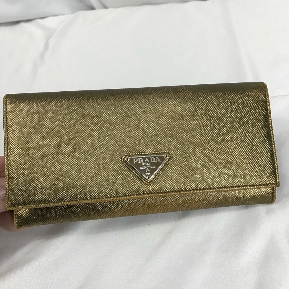 Prada Metallic Gold Saffiano Leather Double Snap Continental Wallet - Picture 9 of 9